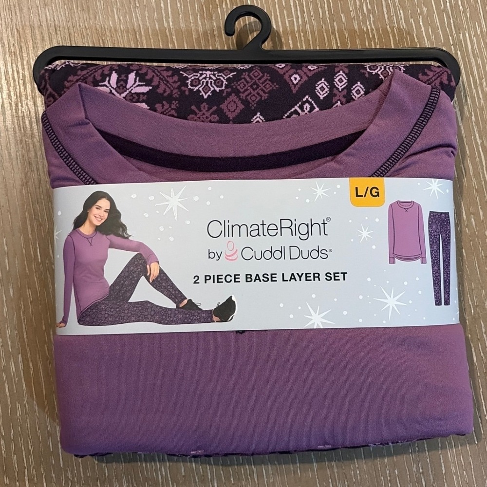 2-Piece ClimateRight by Cuddl Duds Women's L Base Layer Top Legging Purple Black